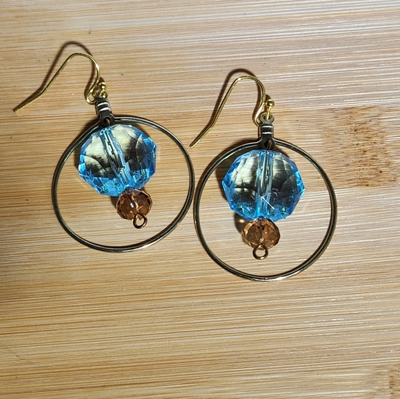 Hand Crafted Earrings Pierced Crystal Beads Turquoise Amber Goldtone - Picture 4 of 5